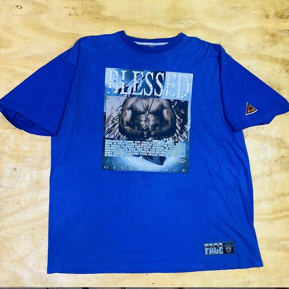 Vintage Y2K Give Me Face Blessed Heavyweight Blue Graphic T-shirt Sz XXL - Picture 1 of 9